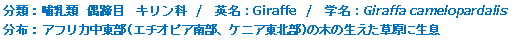 分類：哺乳類 偶蹄目 キリン科 
英名：Giraffe 
学名：Giraffa camelopardalis 
分布：アフリカ中東部(エチオピア南部、ケニア東北部)の木の生えた草原に生息